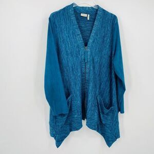 LOGO Lori Goldstein Size XL Teal Blue Knit Cardigan w/ Faux Suede Sleeves Zip Up